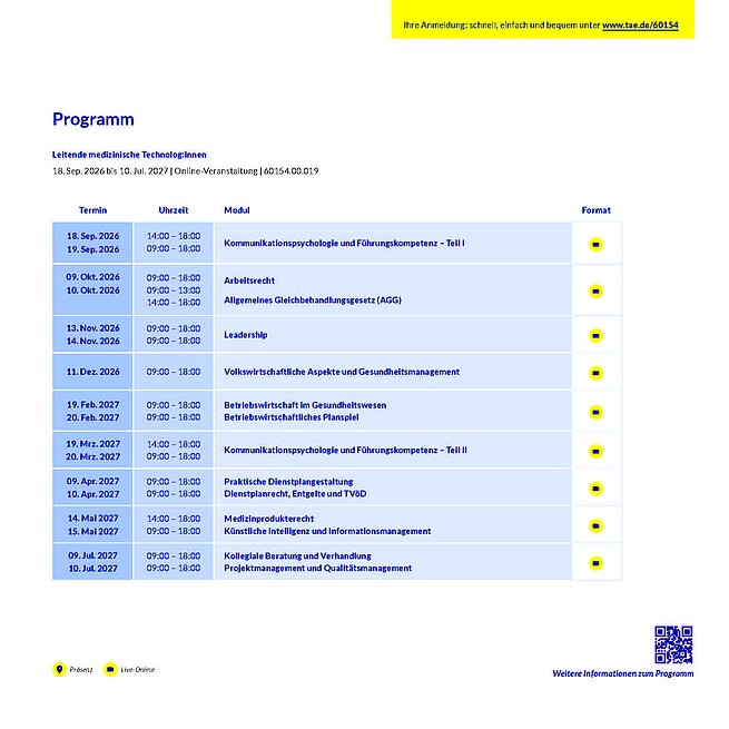 Zertifikatslehrgang Leitende medizinische Technologinnen und Technologen (MT)