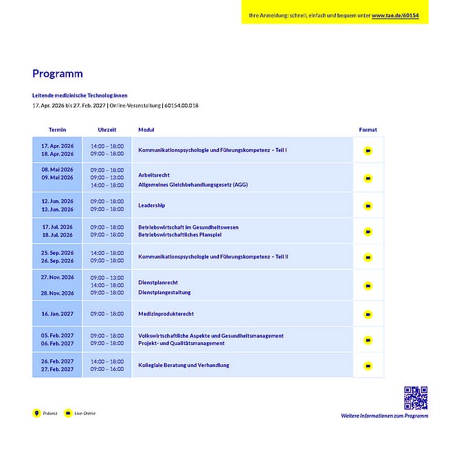 Zertifikatslehrgang Leitende medizinische Technologinnen und Technologen (MT) 